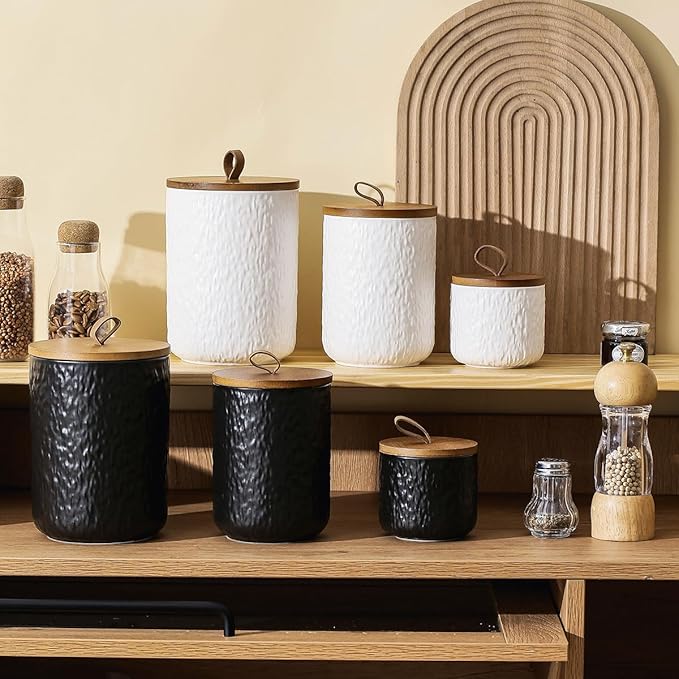 Black White Ceramic Coffee Canister Tea Canister with Seal Wood Lid, Airtight Coffee Storage Container for Coffee Bean, Ground Coffee, Sugar, Cookie Candy jar (White, 800ml)