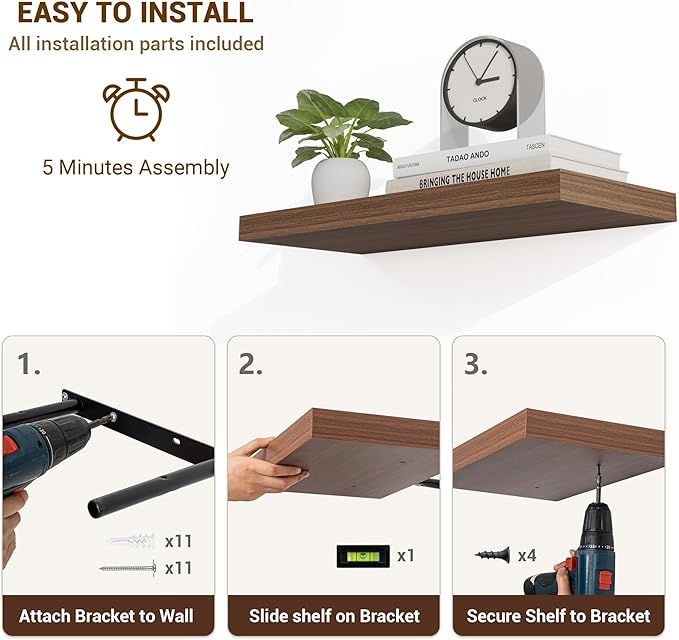 55 Inch Floating Shelves, 55"x9.25"x1.5" Inch Deep Floating Shelves for Wall, Wooden Shelves for Bathroom, Bedroom, Living Room, Walnut