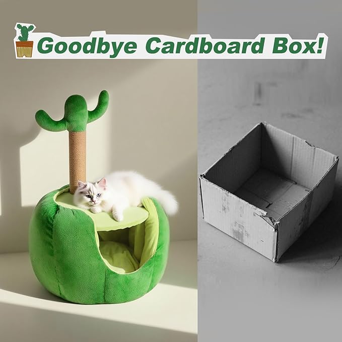 Cat Houses for Indoor Cats, Small Cat Tree with Sisal Ropes and Plush Perch, Cute Cat Bed Cave with Soft Pillow, Cactus Design