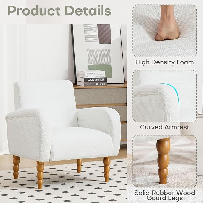 Chenille Fabric Accent Chairs Set of 2, Upholstered Armchair with Solid Wood Legs, Modern Living Room Accent Chair, Comfy Single Sofa Reading Club Chair for Bedroom Reception Lounge, White