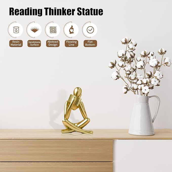 Bookshelf Decor Reading Statue - Abstract Art Thinker Sculpture Bookend for Shelves Aesthetic, Modern Home Decoration Figurine for Living Room Office Shelf Desk Coffee Table Decor(Gold Right)