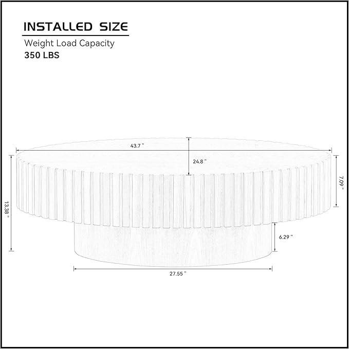 Oval Coffee Table for Living Room, Modern Fluted Coffee Tables with Pedestal Base, Handcrafted Centre Tea Tables Easy Assembly-43.7" Natural