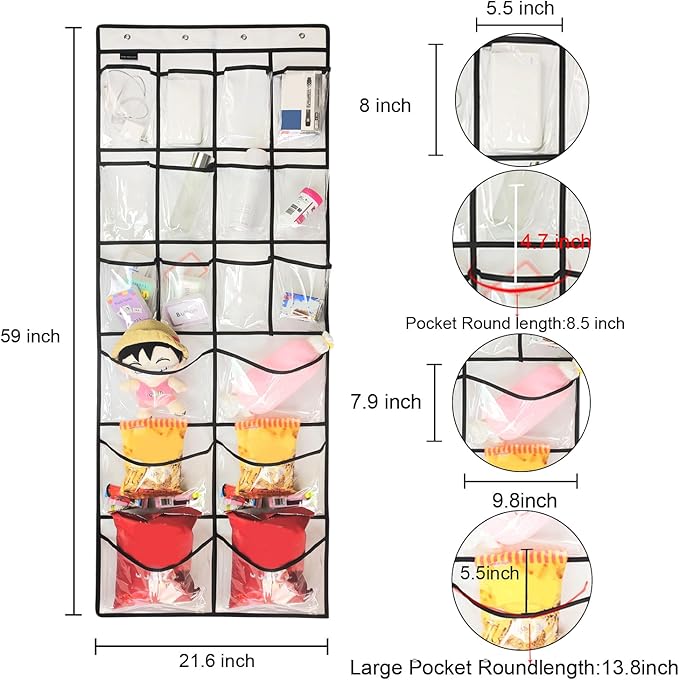 Extra Large Hanging Crystal Clear Over Door Shoe Organizers, Closet Shoe Organizer Shoe Rack Organizer Shoe Storage, 12+6Pockets, 4Hooks, white (59"x 21.6")