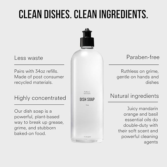 Public Goods Natural Dish Soap | Kitchen Soap | Plant-Based & Vegan Friendly | Clear Dish Detergent Liquid | Concentrated Formula | Made in USA | Mandarin Basil | 16 Fl Oz