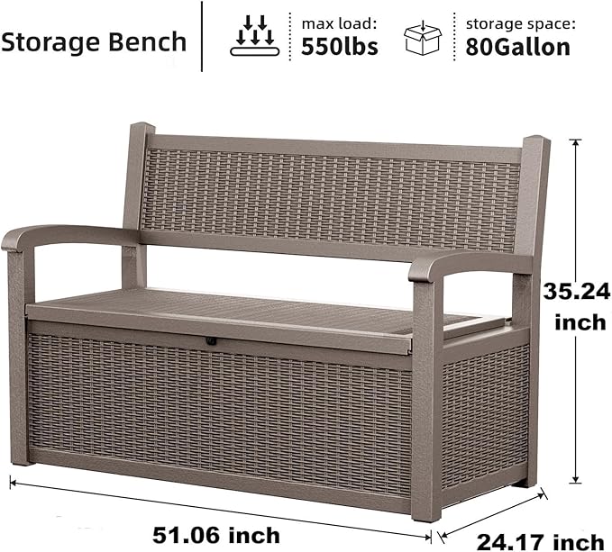 80 Gallon Storage Bench Deck Box Waterproof Lockable,Outdoor Storage Furniture for Patio,Garden and Cushions(Gray)