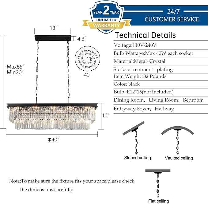 Crystal Chandeliers for Dining Room Light Fixtures Over Table，15-Lights Black Modern Rectangle Chandeliers for Kitchen Island Bar L40 Inch