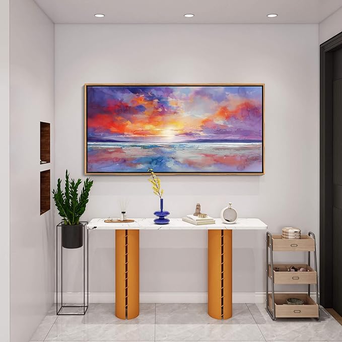 DUNHUANG ART Vibrant Ocean Sunset Canvas Wall Art - Beach Decor & Sunrise Poster - Red Scenery Poster for Living Room & Bathroom - 24"x48"