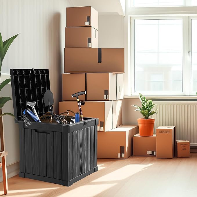 51 Gallon Resin Deck Box, Lockable Patio Outdoor Storage Box for Furniture, Garden Tools and Tools Storage, Waterproof Outside Storage Boxes - Black