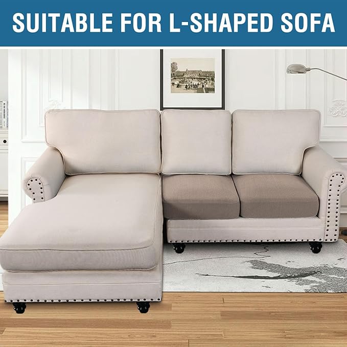 H.VERSAILTEX Super Stretch Individual Seat Cushion Covers Sofa Covers Couch Cushion Covers Slipcover Sets Thick Jacquard Textured Twill Fabric (2 Piece Medium Sofa Cushion Covers, Sand)