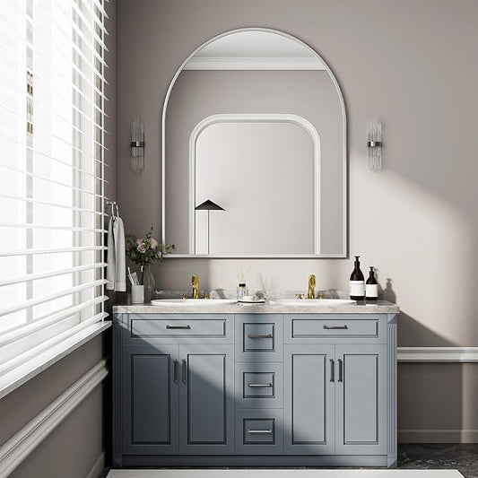BEAUTYPEAK 36"x48" Arch Bathroom Mirror, Wall Mounted Vanity Metal Frame Mirror for Bedroom, Entryway, Living Room, Silver