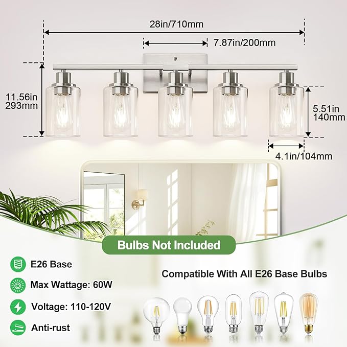 5-Light Bathroom Light Fixtures, Brushed Nickel Bathroom Vanity Light with Clear Glass Shades, Modern Bathroom Wall Lamp for Mirror Living Room Cabinet Bedroom Porch