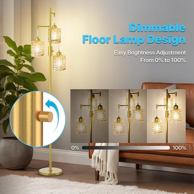 Gold Floor Lamp for Living Room Bedroom, 3-Light Vintage Standing Lamp Stained Glass, Mid Century Modern Tall Floor Lights, Amber Glass Shade with Golden Base