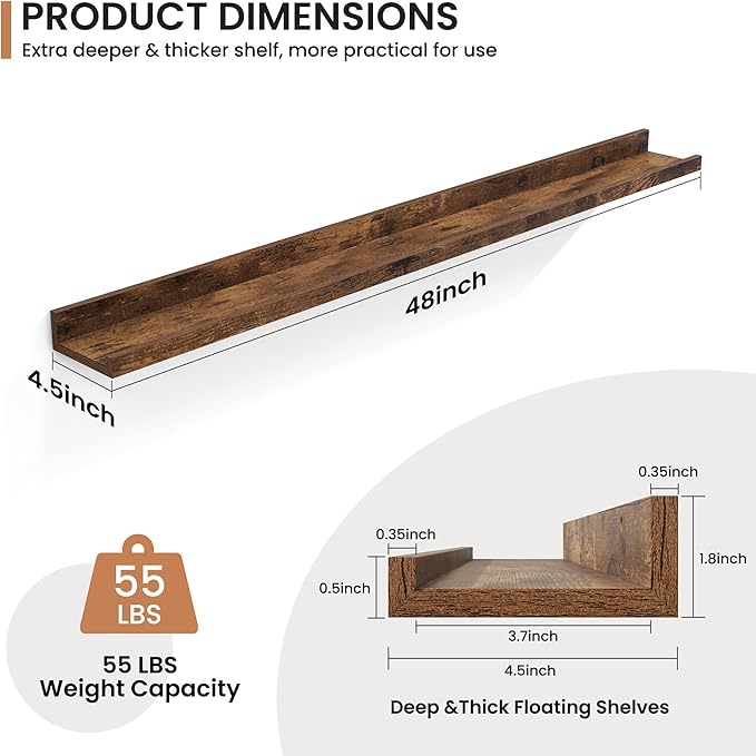 Fun Memories Picture Ledge Shelves Set of 2, 48 Inch Rustic Wall Mounted Floating Shelves with Lip for Home Storage and Décor in Bathroom, Kitchen, Nursery, Bedroom, Living Room, Brown