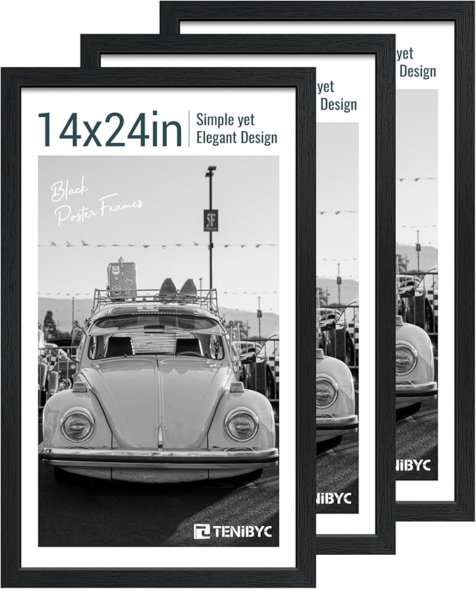 14x24 Poster Frame 3 Pack, Textured Black Solid Wood Gallery Picture Frame - Wall Hanging