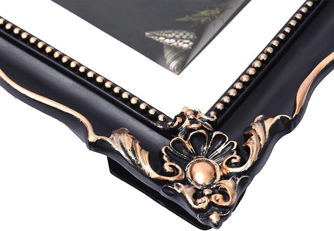 8x10 Vintage Picture Frame with Embossed Flower Design, Black Ornate Frame for 8x10 or 5x7 Pictures with White Mat, Hand-Crafted Resin Antique Frames for Tabletop & Wall Hanging, Home Decor (Black)