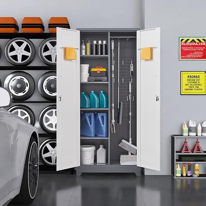 Garage Storage Cabinet,Broom Closet with Lock,Locking Cabinets with Hanging Rod & S-Hooks for School,Garage,Grey-White
