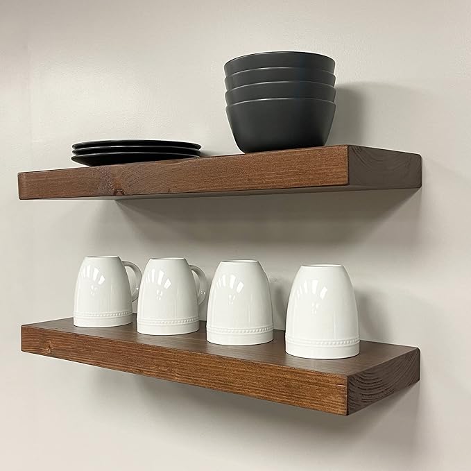 URBANDI, Rustic Floating Shelves, Set of 2, Hidden Bracket, Solid Wood, Heavy Duty, Wall Mounted Shelves, (Provincial, 36Wx6D)