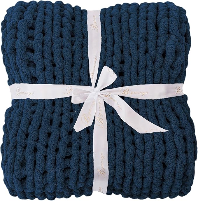 Bigacogo Chunky Knit Throw Blanket for Couch, 80x90 inches, 100% Hand Knitted with Thick Jumbo Chenille Yarn, Cozy Soft Large Rope Knot Cable Crochet Blankets for Sofa Bed Living Room, Navy Blue