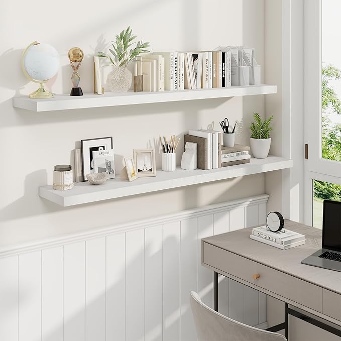 Fun Memories 55 Inch Fireplace Mantel Shelf -Long Floating Shelves, Deep Wall Mounted Farmhouse Display Shelves with Invisible Heavy Duty Metal Bracket, White, 2 Pack