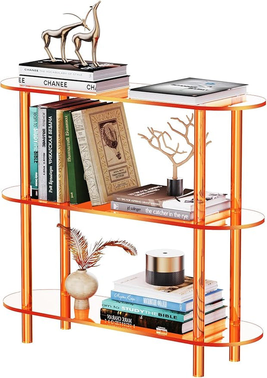Clear Bookshelf, Acrylic Bookcase with Open Book Shelf for Office Living Room Bedroom (3 Tier Orange)
