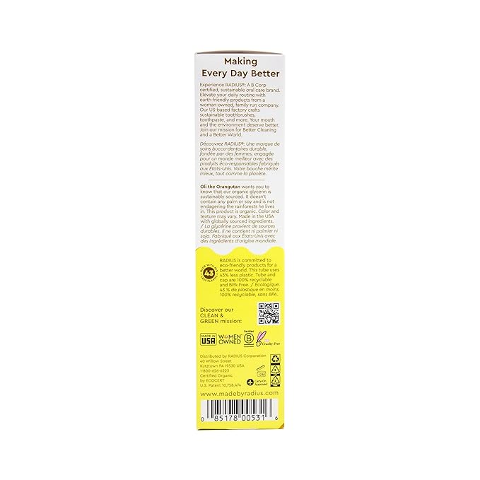 RADIUS USDA Organic Kids Toothpaste 3oz Non Toxic Chemical-Free Gluten-Free Designed to Improve Gum Health for Children's 6 Months and Up - Coconut Banana - Pack of 6