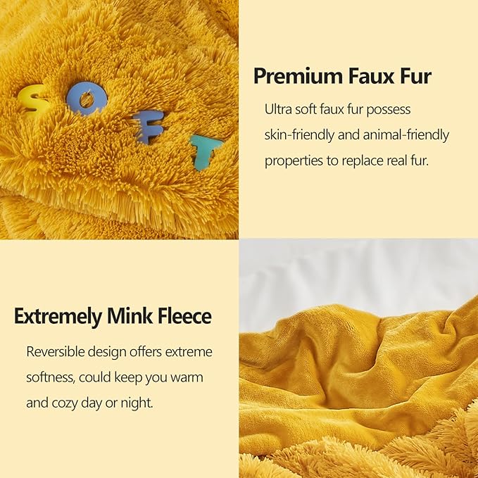 GONAAP Fuzzy Faux Fur Throw Blanket Twin Size Mustard Yellow Super Soft Cozy Plush Fuzzy Shaggy Blanket for Couch Sofa Bed (Mustard Yellow, Twin(60"x80"))