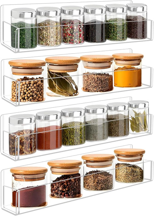 Acrylic Spice Rack Wall Mount-12 Inch, Clear Spice Shelf Storage Holder, 4 Pack Hanging Seasoning Rack Organizer for Cabinet Door, Cupboard or Wall Kitchen (Adhesive or Screw)