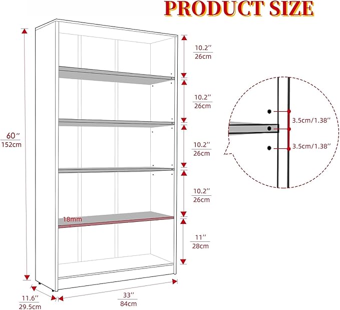 Bookshelf, Open Modern Bookshelf, 5 Shelf Bookcase with Freestanding Display Storage, Wooden Book Shelf for Bedroom, Living Room, Dinning Room, Office, 60 Inch, Black