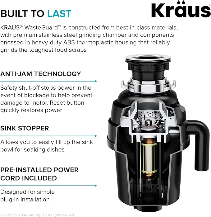 KRAUS WasteGuard 1 HP Ultra-Quiet Garbage Disposal with Quick Connect, Kitchen Sink Drain Cover, Power Cord and Flange Included, KWD100-100MBL