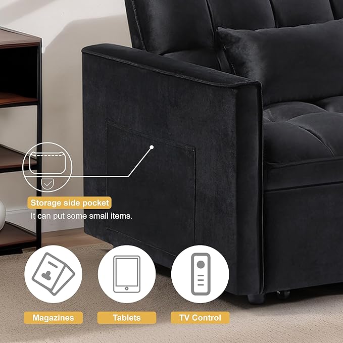 3 in 1 Sleeper Sofa Bed, Futon Sofa Bed for Living Room with Side Pocket, Black Sleepers Sofas Couch with Pullout Beds, Convertible Love Seat Sleepers Couch for Living Room, Bedroom,