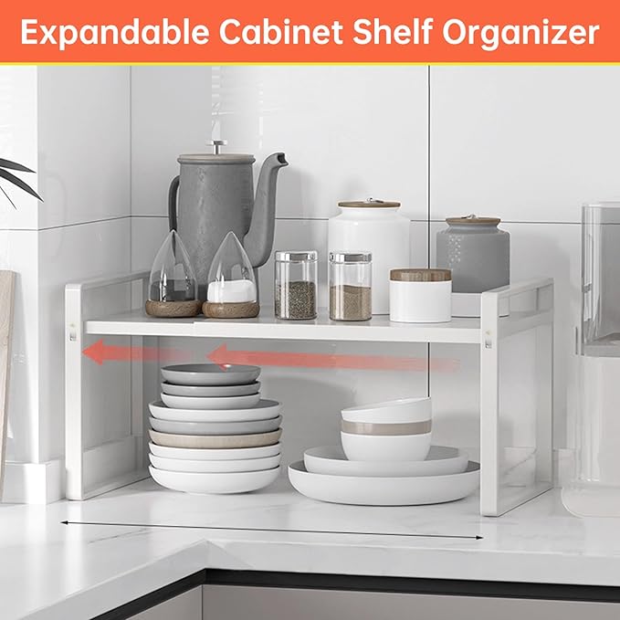 Expandable Cabinet Shelf Organizer Rack 9 inch, Pantry Organizer Lengthen from 14” to 25” ， Large Kitchen Cabinet Storage Shelf Rack， Storage Organizer white，Spice Rack Expandable Shelves,