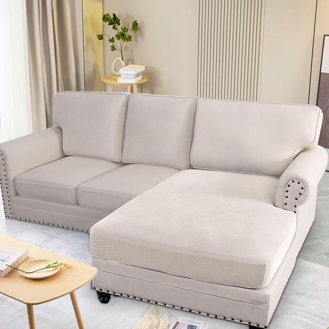H.VERSAILTEX Super Stretch Individual Chaise Cover Sectional Couch Covers for L Shaped Sofa Both Left/Right Featuring Thick Jacquard Textured Twill Fabric (1 Piece Chaise Cover Large, Ivory)