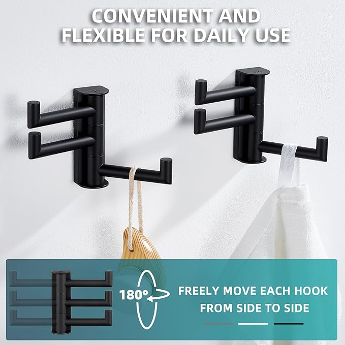 Angle Simple Swivel Towel Hooks for Bathroom, SUS 304 Stainless Steel Foldable 3 Arms Robe Towel Holder, Shower Wall Coat Hooks, Matte Black, 2 Pack