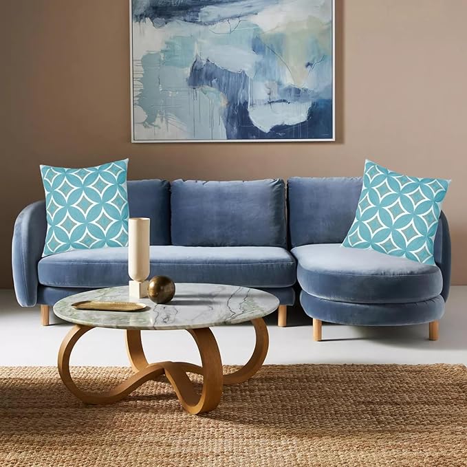 Embroidered Decorative Throw Pillow Cover, 18"x18" Set of 2, Farmhouse Pillowcase Blue Knit Pattern Cotton Canvas Cushion Case Square Floral Pillow Case for Sofa Couch Bed Living Room