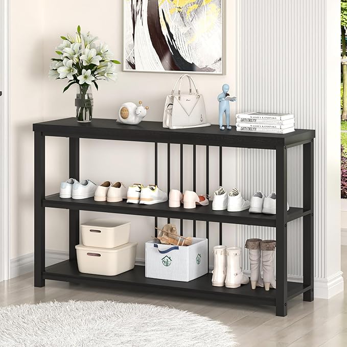 FOLUBAN Entryway Table, Modern Sofa Console Table with 3 Tier Storage Shelf for Living Room Hallway Foyer, Industrial Black Oak