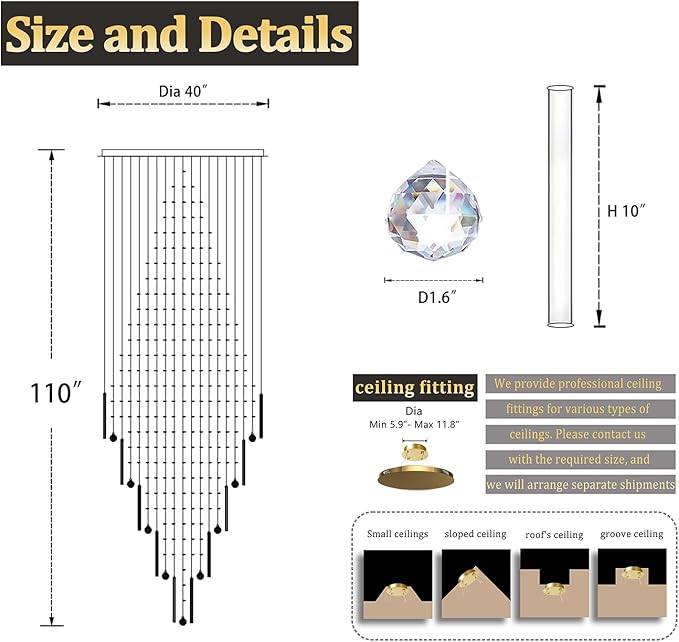 Flashing God D40''X H110'' High Ceiling Big Chandelier Crystal Raindrop Gold Chandeliers Staircase Large Chandelier Entrance Foyer High Ceiling Lighting Include 15 LED Bulbs Dimmable 2700K-4500K-6000K