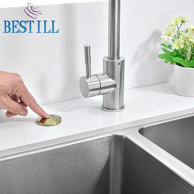 BESTILL Garbage Disposal Air Switch Kit - UL Listed, Brass 3.6" Long Push Button for Waste Disposer, Cordless Sink Top Switch Button, Brushed Gold, Compatible with all Garbage Disposals