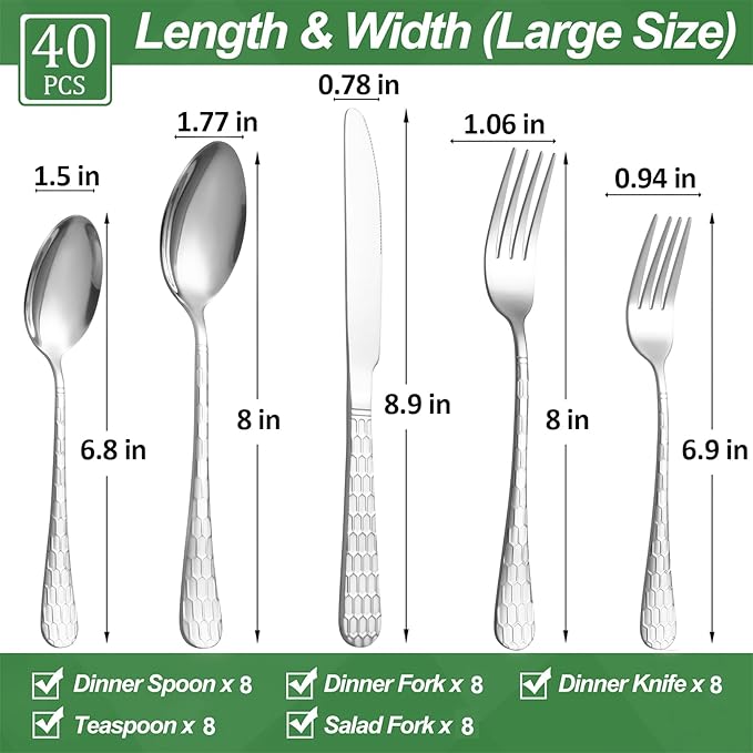 40 Pcs Silverware Set for 8 with Water Cube Handle design, Food Grade Stainless Steel Flatware Set, Eating Utensils Sets Include Fork/Knife/Spoon, Reusable Cutlery Set, Dishwasher Safe