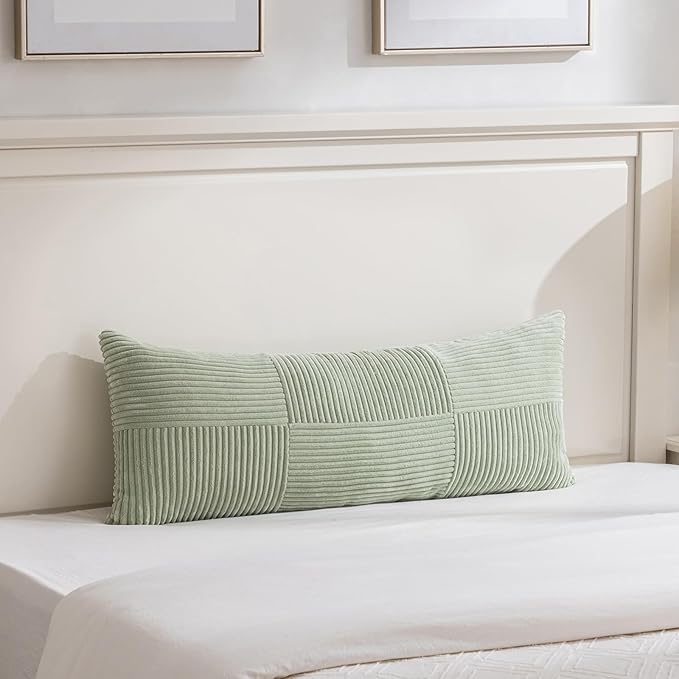Fancy Homi Set of 2 Sage Green Boho Long Lumbar Body Decorative Throw Pillow Cover 14x36 Inch for Bed Couch Bedroom Bench, Soft Patchwork Corduroy Textured Pillow Case, Rustic Farmhouse Room Décor