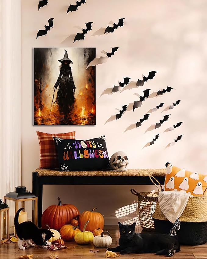 Halloween Canvas Wall Art - Vintage Witche Poster, Gothic Dark Academia Wall Decor, Spooky Halloween Decor for Living Room, Bedroom & Bathroom, Framed Fall Decorations Indoor