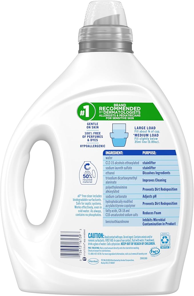 all Liquid Laundry Detergent, Free Clear for Sensitive Skin with OXI, Unscented and Hypoallergenic, 2X Concentrated, 90 Loads