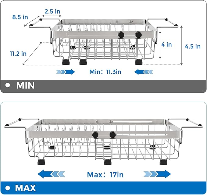 MAJALiS Expandable in Sink Dish Drying Rack - Adjustable Capacity (11.3''-17''L) Stainless Steel Over Sink Dish Drainers Rack for Kitchen Sink with Utensil Holder, Silver