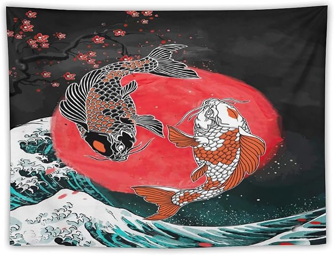 Houselerax Koi Fish Tapestries,Japanese Style Yin Yang Big Wave Cherry Blossoms Tapestry Wall Hanging for Bedroom Living Room Office Decor 60"x50"