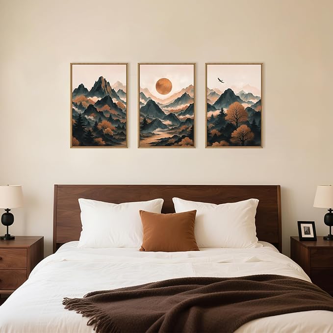 Celestdeco Large Boho Mountain Framed Canvas Wall Art Set, Brown Ridge Landscape Wall Decor, Pine Tree Scenery Wall Painting, Abstract Wilderness Art Print for Living Room, Bedroom, Office - 24"X36"X3