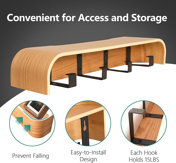 Coat Rack Wall Mount with Hidden Hooks Entryway Hanging Shelf Modern Wood Coat Hanger for Bedroom Kitchen Hallway Bathroom (Oak, 16.6 Inch Long)