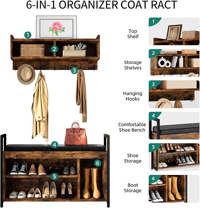 YITAHOME Coat Rack Shoe Bench Set, Wall Coat Rack with Shoe Storage, Industrial Entryway Shoe Bench with Coat Rack, 2 Storage Cubbies with Lip Top for Entryway, Hallway, Rustic Brown