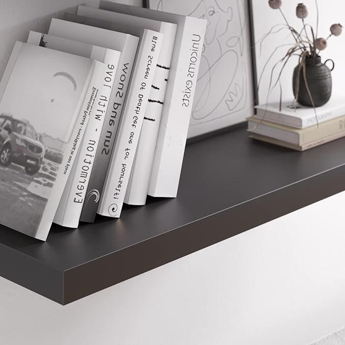 Floating Shelf, Set of 2 Wall Shelf, 24 in W x 12.75 in D x 2 in H Wooden Floating Wall Shelf with Invisible Brackets for Living Room/Bedroom/Bathroom/Kitchen Storage and Decor, Black