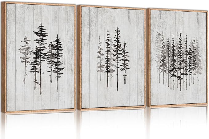 HPINUB Woodcut Style Pine Tree Framed Canvas Wall Art Set, Minimalist Modern Black and White Forest Wall Decor, Rustic Minimalist Canvas Painting for Living Room,Bedroom,Office Decor-16 x24 x3