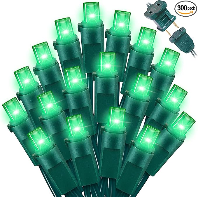 Green Wide Angle LED Christmas Lights, 64.8 Ft 300 Count, Pack of 3 Strands 21.9 Ft 100 Lights UL Certified Commercial Grade Green Wire 5mm Holiday String Light