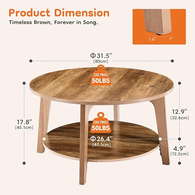 Sweetcrispy Round Coffee Table, 36'' Wood Coffee Tables for Living Room with Storage, 2-Tier Center Circle Counter with Wooded Desktop, 50 lbs Capacity, Anti-Slip Feet, Modern Farmhouse Design, Brown